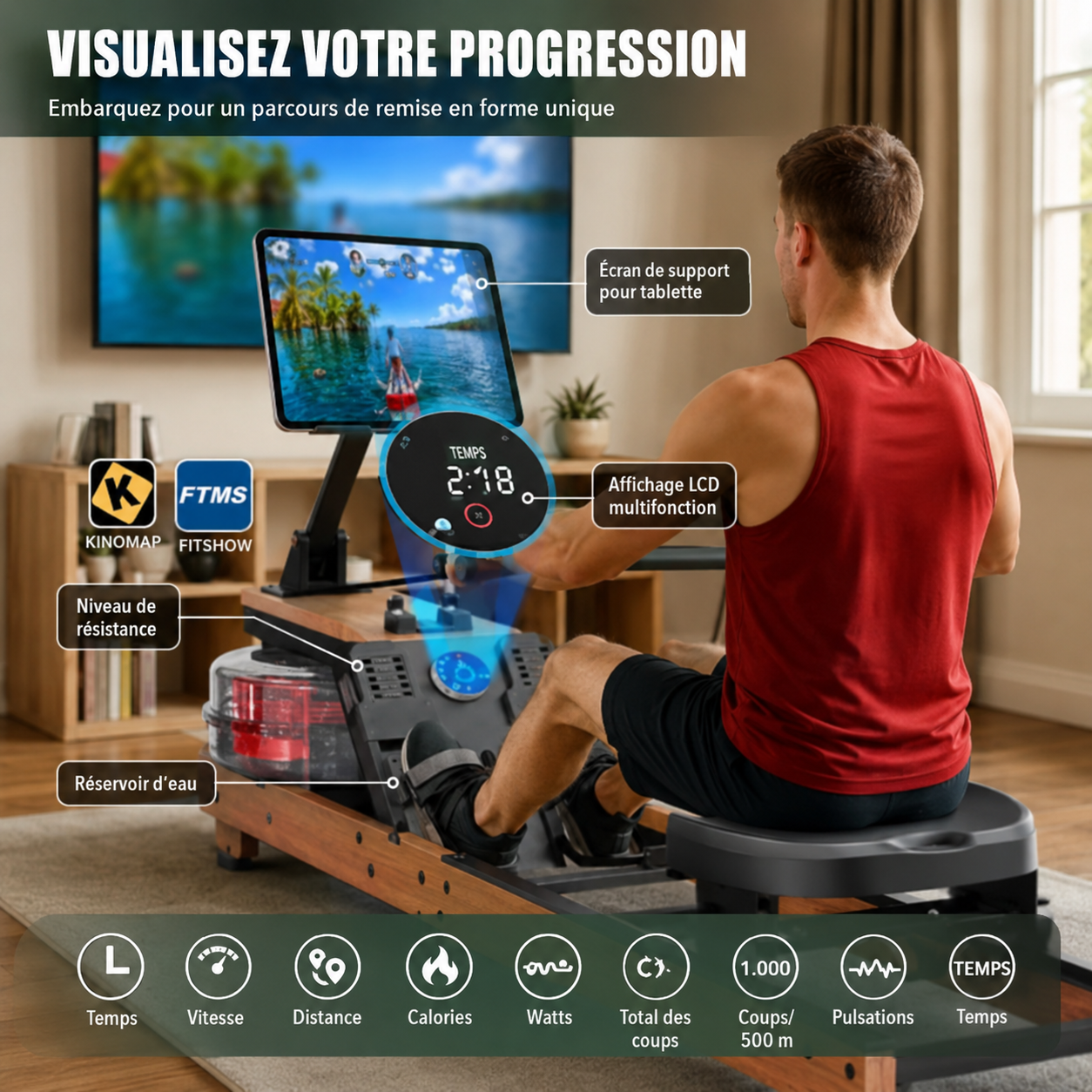 Endurioz W3 – Rameur à Eau Pliable Bluetooth